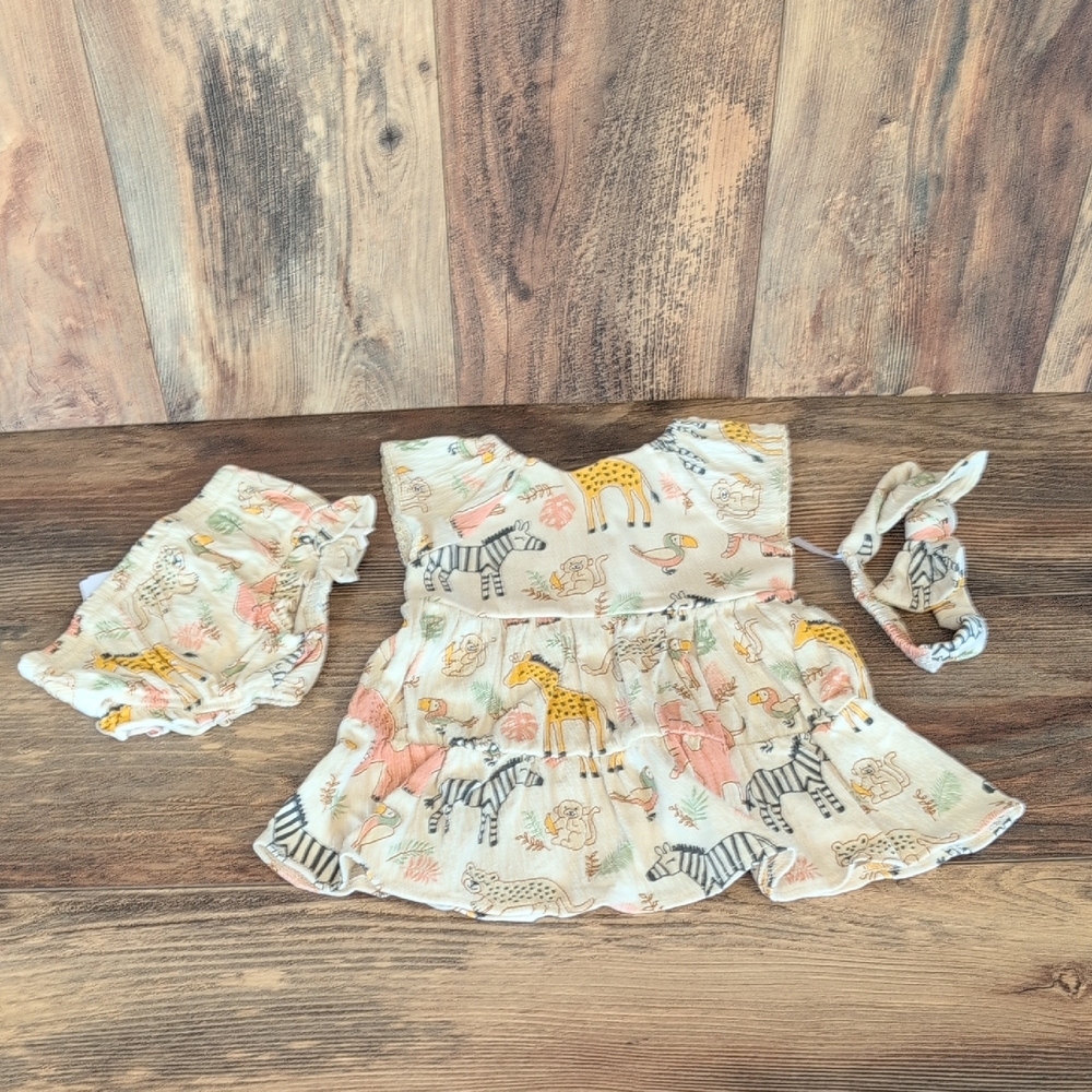 Baby Starters Safari Animal Dress 3PC Set Headband Bloomers Dress 9M      AB133